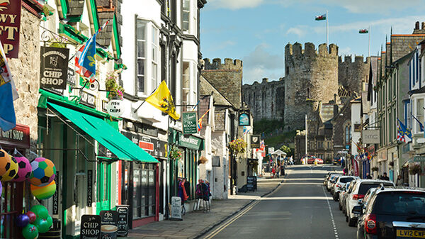 Castle Street and Conwy Castle, Conwy, Wales