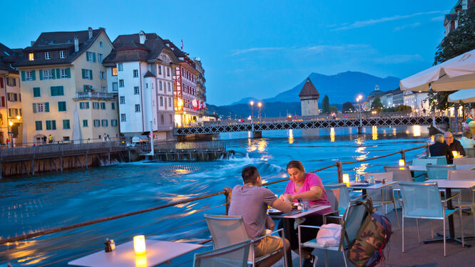 Along the Reuss River in Luzern, Switzerland, with Mt. Rigi in the background