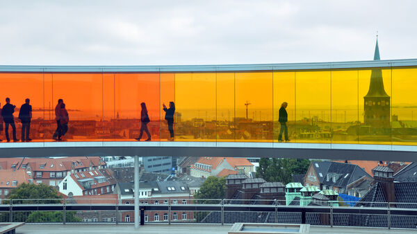 Aarhus, Denmark, as seen through the "Your Rainbow Panorama" walkway of the ARoS art museum