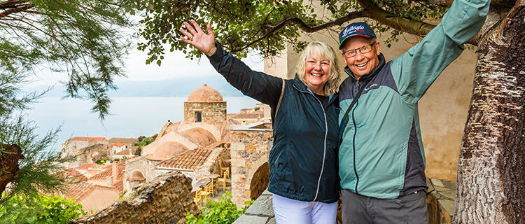 Couple above Agios Nikolaos church, Monemvasia, Peloponnese, Greece