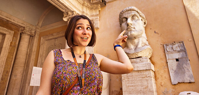 Woman with statue at Capitoline Museum, Rome