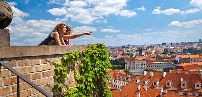 two ladies on castle hill in proague