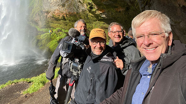 Rick and TV crew, Seljlandsfoss waterfall, Iceland