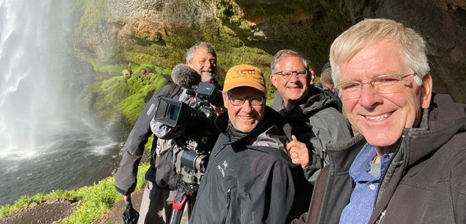 Rick and TV crew, Seljlandsfoss waterfall, Iceland