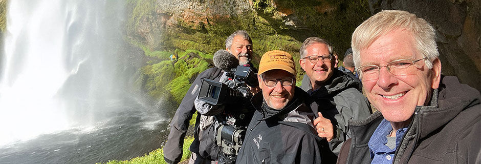 Rick and TV crew, Seljlandsfoss waterfall, Iceland