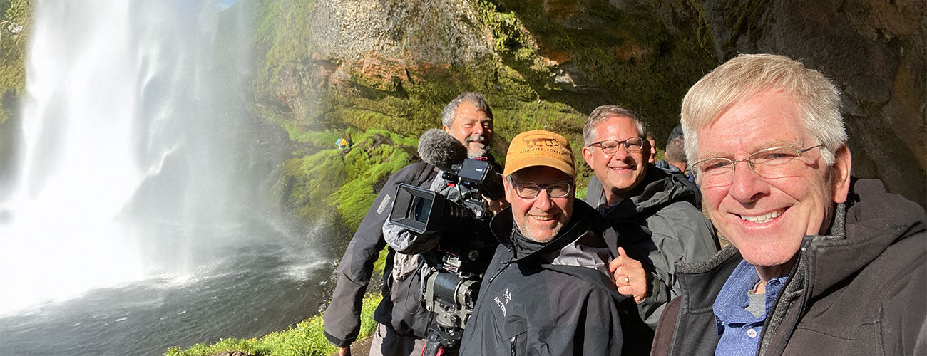 Rick and TV crew, Seljlandsfoss waterfall, Iceland