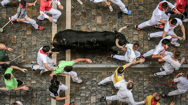 Aerial view of the Festival of San Fermín Running of the Bulls, Pamplona, Spain