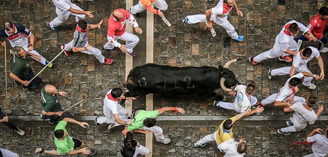 Aerial view of the Festival of San Fermín Running of the Bulls, Pamplona, Spain