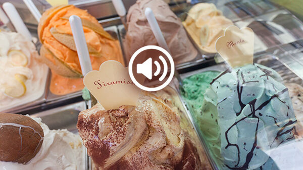 Gelato flavors in display case, Italy