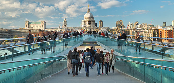 people walking across bridge in London with st-puals-dome-in-background