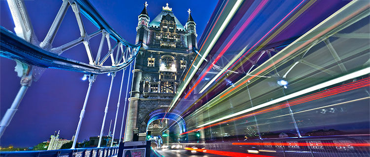 Tower Bridge lights at night, London, England