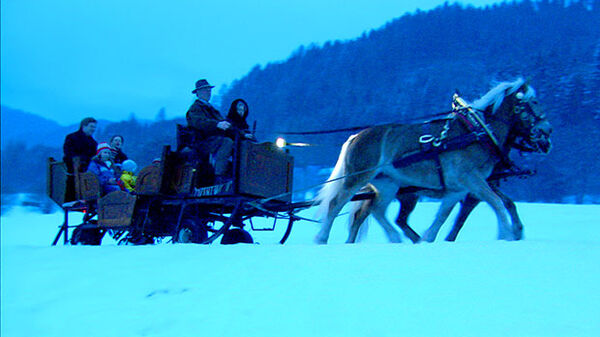 Rick and family in horse-drawn sleigh, European Christmas