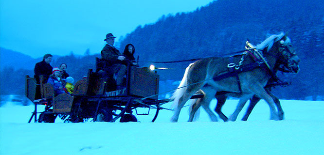 Rick and family in horse-drawn sleigh, European Christmas