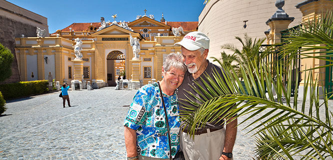 man and woman in front of melk abbey in austria