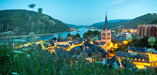 Bacharach and Rhine River at dusk, Germany