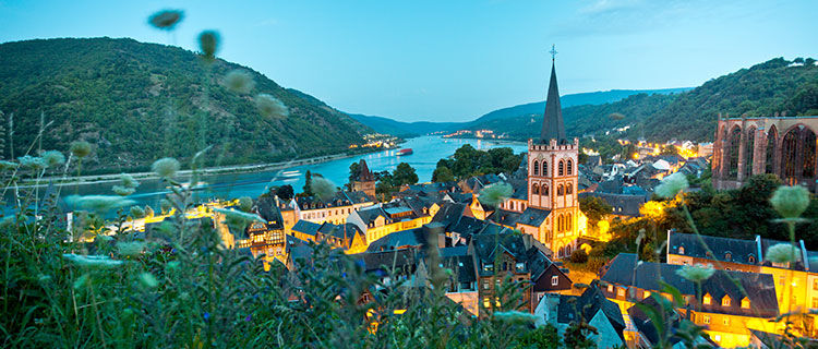Bacharach and Rhine River at dusk, Germany
