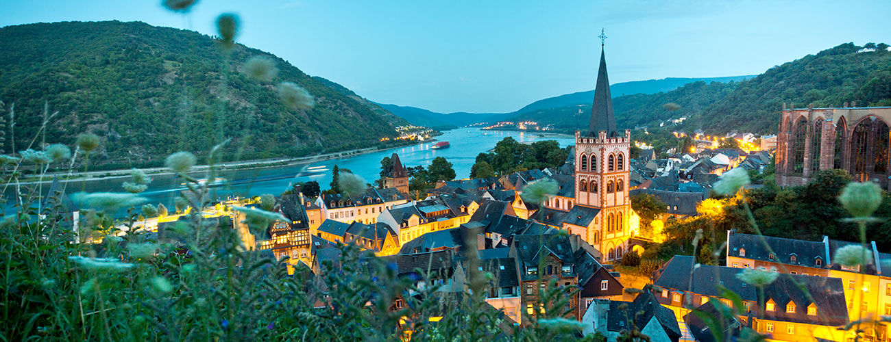 Bacharach and Rhine River at dusk, Germany