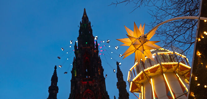 Christmas star decoration at dusk, Edinburgh, Scotland