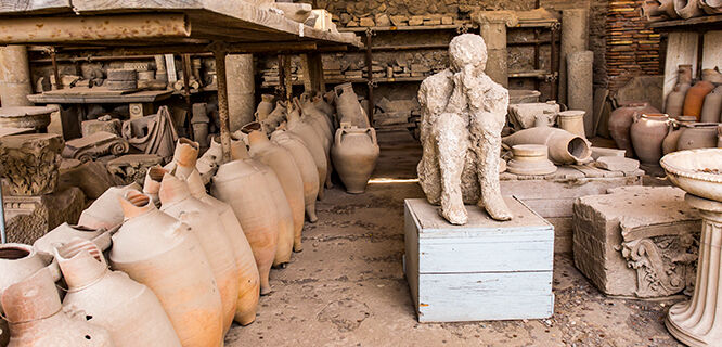 Artifacts and cast of Vesuvius victim, Pompeii
