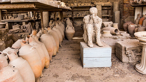Artifacts and cast of Vesuvius victim, Pompeii