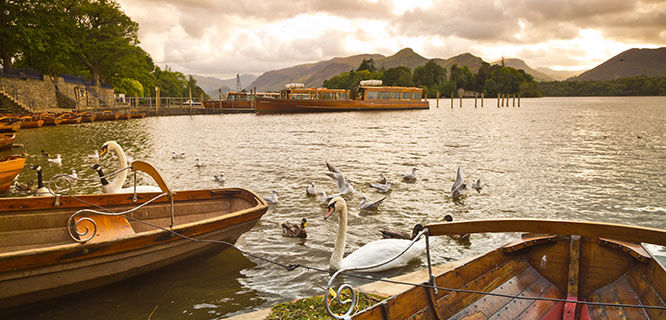 lake with boats and geese in keswick englnd