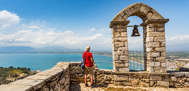 bell in an arch at top of stone fortress