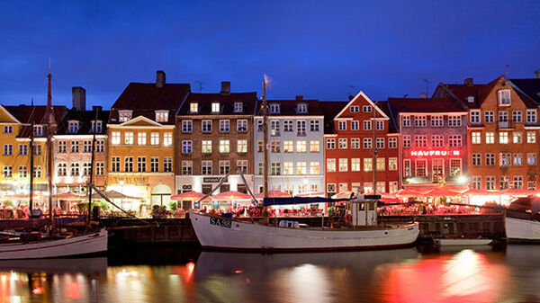 Houses and boats at night, Nyhavn, Copenhagen, Denmark