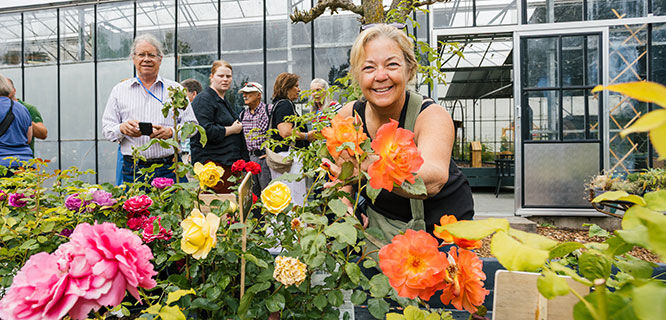 lady in garden with pink orange and yellow flowers