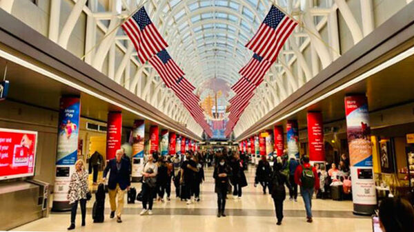 American flags in train station