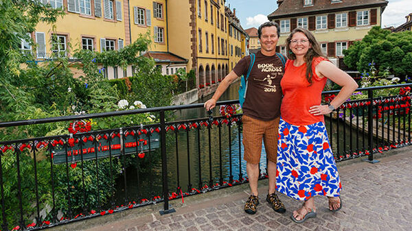 man and woman on bridge