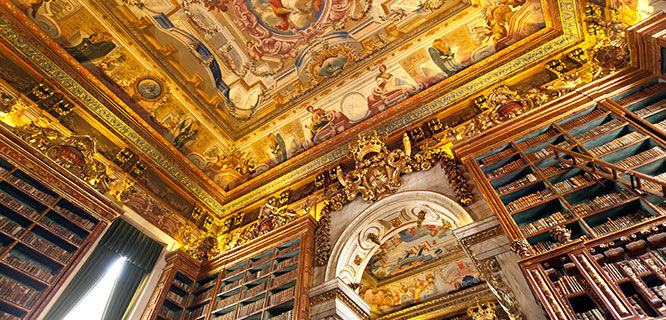 coimbra university library shelves and painted ceiling