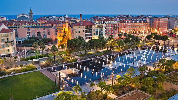 Place Masséna overview at dusk, Nice, France