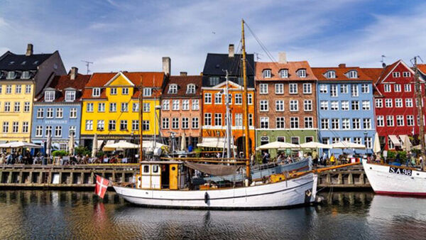 Colorful houses and boat, Copenhagen, Denmark