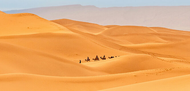 Sand dunes and camelback riders, Sahara Desert, Morocco
