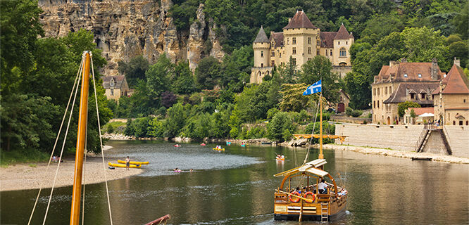 river with a boat and castle on the hill