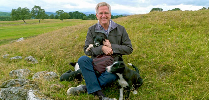 Rick with sheepdogs, Scotland