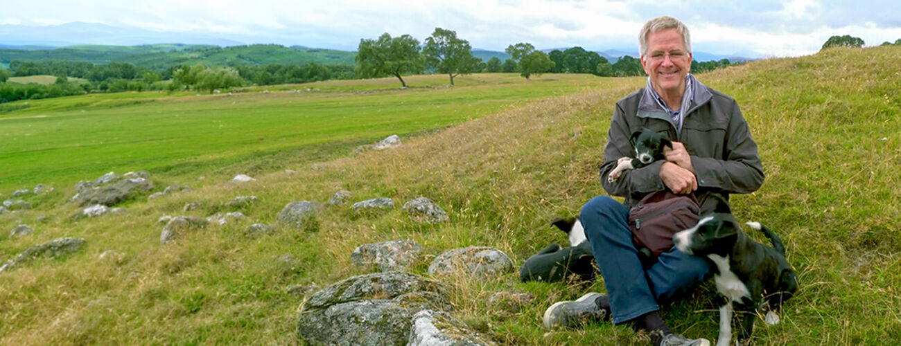 Rick with sheepdogs, Scotland