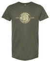 Vintage Rick Steves T-shirt, heather green - Front, original Europe Through the Back Door logo
